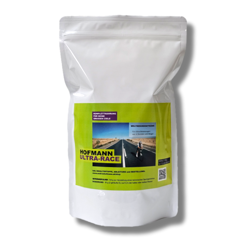 HOFMANN ultra race ist ein Spezialgetränk das für extreme und ULTRA Belastungen entwickelt wurde, mit hervorragender Verträglichkeit. Komplettnahrung mit Eiweiß.